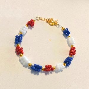 Red, White & Blue Beaded Bracelet with Gold Accents